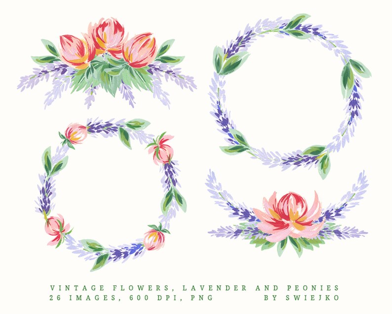 Digital Clip Art, Vintage Flowers, Hand painted with gouache, peonies and lavender, wedding floral decoration image 3