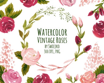 Vintage Rose, clipart, retro flowers, hand painted, gouache, tea rose, vintage rose , pink rses, crimson roses, vintage flowers, old world