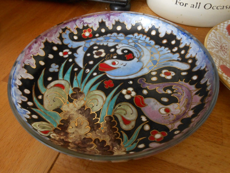 fused glass plate colourful pattern hand made Ecuador dolphins underwater scene novelty kitsch shabby chic gift for her decorative lily maud