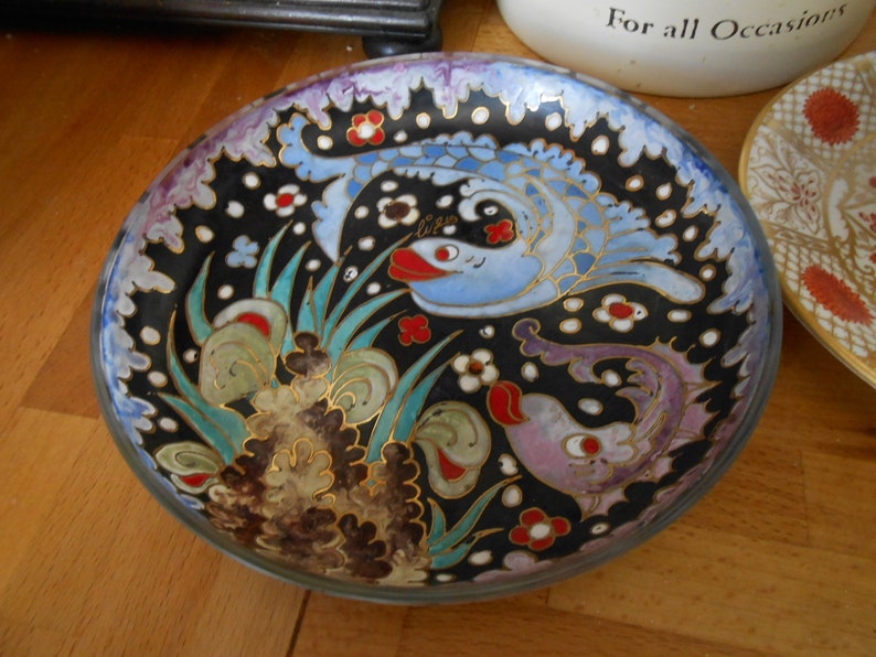 fused glass plate colourful pattern hand made Ecuador dolphins underwater scene novelty kitsch shabby chic gift for her decorative lily maud