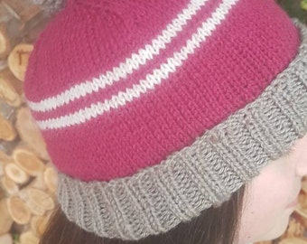 Grey red and white stripe beanie