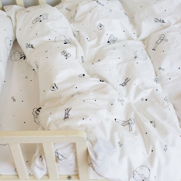 White Duvet Cover, Bedding Set, White Sheet Set, Le Petit Prince Duvet Cover, Cot Bedding Set, Cot Bed Duvet Set, Baby Cot Sheet Set