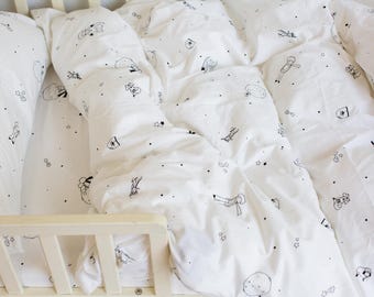 White Duvet Cover, Bedding Set, White Sheet Set, Le Petit Prince Duvet Cover, Cot Bedding Set, Cot Bed Duvet Set, Baby Cot Sheet Set