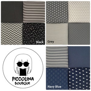 Puede incluir: Una colecci&oacute;n de muestras de tela en varios patrones y colores, incluyendo negro, gris y azul marino. Las muestras presentan dise&ntilde;os geom&eacute;tricos como estrellas, lunares, rayas y zigzags.