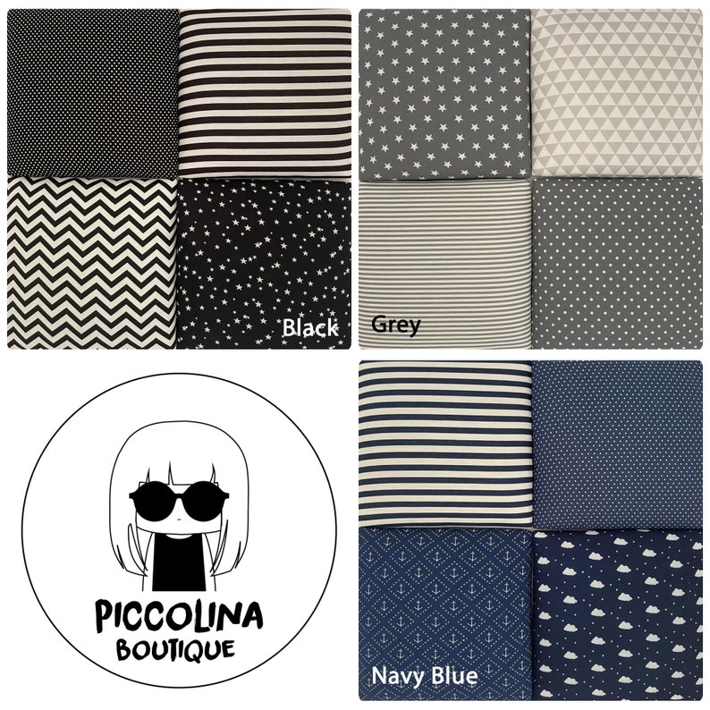 Puede incluir: Una colecci&oacute;n de muestras de tela en varios patrones y colores, incluyendo negro, gris y azul marino. Las muestras presentan dise&ntilde;os geom&eacute;tricos como estrellas, lunares, rayas y zigzags.