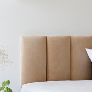 VELVET Bed Headboard, Padded Wall Panels, Modern Bedroom Decor, Cushioned Wall Tiles, Fabric Green Pink Blue Black Gray Beige Bedroom Decor image 2