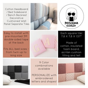 Puede incluir: Un cabecero acolchado hecho de azulejos cuadrados individuales de color rosa y blanco. Cada azulejo mide 7,8 pulgadas por 7,8 pulgadas y 1,57 pulgadas de grosor. El cabecero est&aacute; hecho de algod&oacute;n, tablero de espuma, relleno de coj&iacute;n acr&iacute;lico y fieltro. El cabecero es personalizable con letras y formas bordadas. El cabecero es f&aacute;cil de instalar con cinta adhesiva de doble cara 3M premontada.