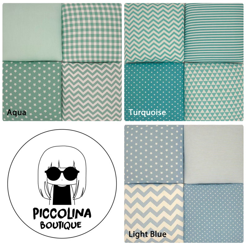 Puede incluir: Un conjunto de muestras de tela en varios tonos de azul y verde. Las muestras presentan diferentes patrones, incluyendo estrellas, chevrones, cuadros vichy, lunares y tri&aacute;ngulos. Las muestras est&aacute;n etiquetadas como "Aqua", "Turquoise" y "Azul claro".
