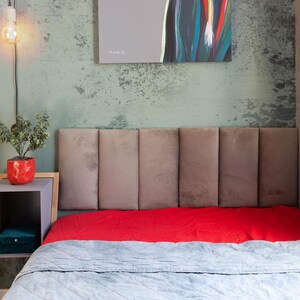 VELVET Bed Headboard, Padded Wall Panels, Modern Bedroom Decor, Cushioned Wall Tiles, Fabric Green Pink Blue Black Gray Beige Bedroom Decor image 6