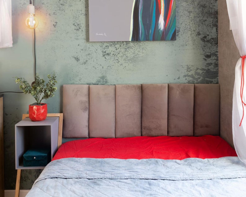 VELVET Bed Headboard, Padded Wall Panels, Modern Bedroom Decor, Cushioned Wall Tiles, Fabric Green Pink Blue Black Gray Beige Bedroom Decor image 6