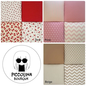 Puede incluir: Una colecci&oacute;n de muestras de tela en varios patrones y colores, incluyendo rojo, rosa, beige y blanco. Las telas presentan dise&ntilde;os como lunares, estrellas, lazos, cerezas, rayas y zigzags. Las muestras est&aacute;n dispuestas en una cuadr&iacute;cula y etiquetadas con los colores "Rojo", "Rosa" y "Beige".