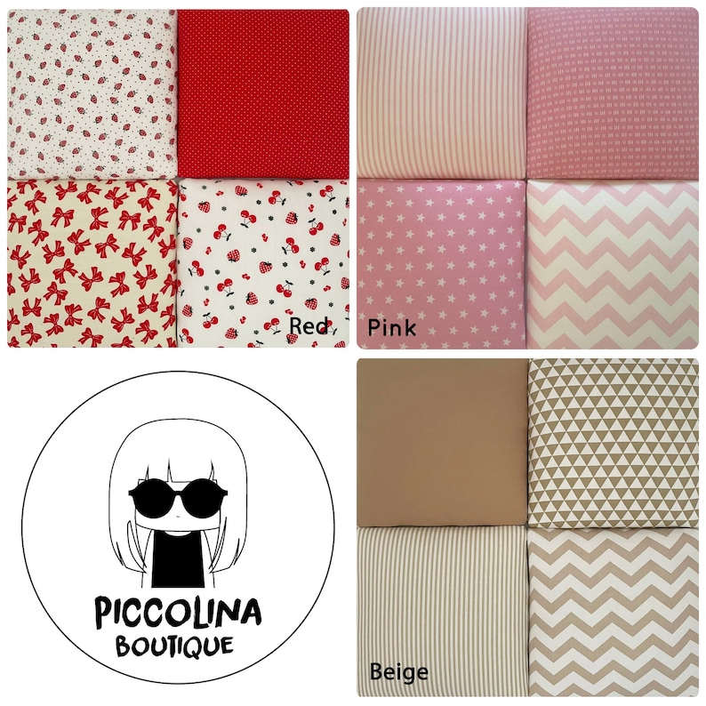 Puede incluir: Una colecci&oacute;n de muestras de tela en varios patrones y colores, incluyendo rojo, rosa, beige y blanco. Las telas presentan dise&ntilde;os como lunares, estrellas, lazos, cerezas, rayas y zigzags. Las muestras est&aacute;n dispuestas en una cuadr&iacute;cula y etiquetadas con los colores "Rojo", "Rosa" y "Beige".