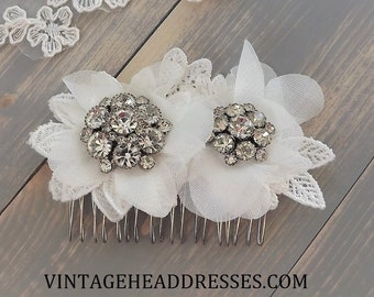 Vintage Lace Hair Comb, Tulle Comb, Vintage Rhinestone Comb, Diamante Comb, Crystal Comb, Bridal Hair Comb, Ivory, Lacy, Floral, Comb, Deco