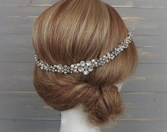 Vintage Bridal Hair Vine, Rhinestone, Pearl, Hairvine, Deco Hair Vine, Hair Wreath, Hair Wrap, Wedding, Bridal Wreath, Circlet, Hair Jewelry