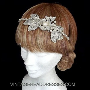 Authentic Vintage Art Deco Floral Headpiece, Bridal Headpiece, Art Deco Headband, 1920's Pearl & Diamante Headband, Floral Wedding Headpiece