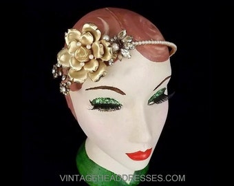 Vintage Bridal Headpiece, Floral Gold Headband, Flower, Rustic, Cottage Chic, Wedding Headband, Floral, Boho, Gold Headpiece, Bridal, Pearl