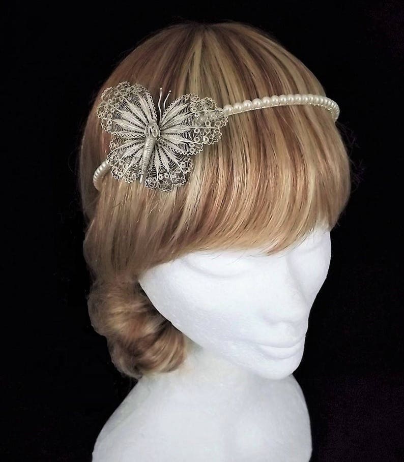 Vintage Butterfly Bridal Headband, 800 Silver, Filigree Silver Headpiece, Art Deco, Wedding Headband, Butterfly, Moth, Boho, Bridal, Summer image 1