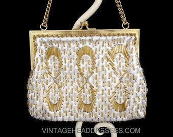 Vintage Gold Ivory and Silver Beaded Bag, Frankel & Roth Mid-Century Bag, Beaded Purse, Beadwork Bag, Vintage Bag, Bridal Bag, Wedding Bag