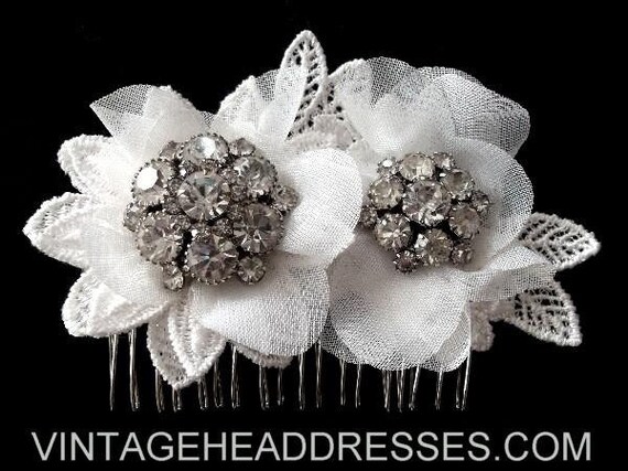 Vintage Lace Hair Comb, Tulle Comb, Vintage Rhine… - image 2