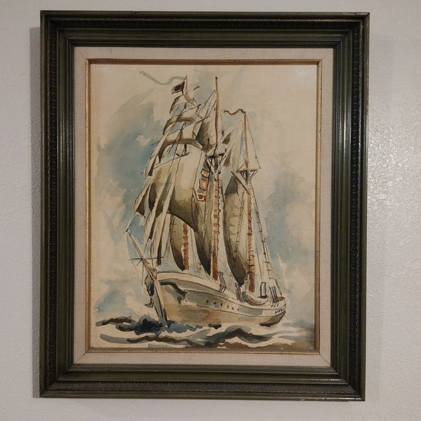 Vintage Original Schooner Sail Ship Watercolor Painting in 21 X 25 Wood Frame