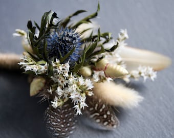 Dried thistle buttonhole Rustic dried buttonhole boutonniere feather wedding groom thistle