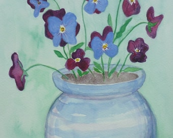 Pensamientos de invierno acuarela original Pansies Regalo para su regalo para jardinero Regalo para él Pansies decoración de la pared Arte del jardín Cumpleaños