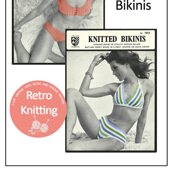 1970's Stylish Striped and Plain Bikini PDF Knitting Pattern Digital Download