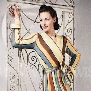 May include: A vintage-style dress with vertical stripes in yellow, brown, and blue. The dress has long sleeves, a wrap-style bodice, and a matching belt. The bust size is designed to fit a 32-38 inch bust. The image also includes the text "Retro Knitting".