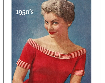 1950's Glamorous Off Shoulder Pin Up Sweater PDF Knitting Pattern - Instant Download