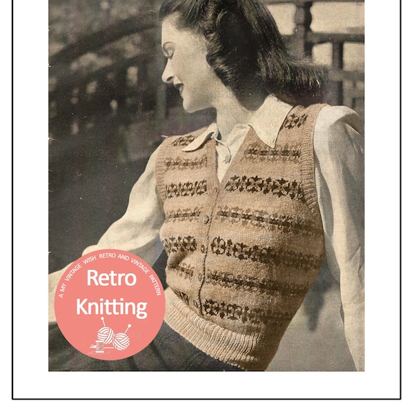 1940s Fair Isle Waistcoat Sweater Knitting Pattern - PDF Instant Download