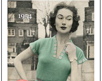 1950s Daisy Border Sweater Vintage Knitting Pattern - PDF Instant Download