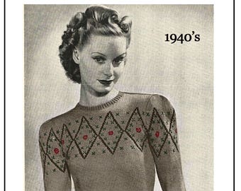 1940s Fair Isle Diamond Yoke Sweater - PDF Knitting Pattern - PDF Instant Download
