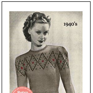 1940s Fair Isle Diamond Yoke Sweater - PDF Knitting Pattern - PDF Instant Download