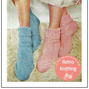 May include: A vintage knitting pattern for socks, featuring two pairs of socks in blue and pink, made with Motoravia Double Knitting Wool. The pattern is from Lee Target and costs 9d. The image includes the text "A My Vintage Wish Retro and Vintage Pattern Retro Knitting".
