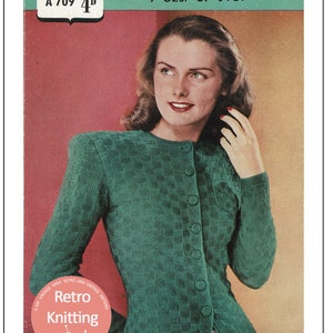 Patrón de tejido PDF de chaqueta cárdigan con botones de la década de 1940