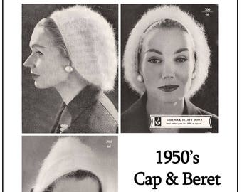 1950's Beret and Cap Knitting Pattern - PDF  Instant Download