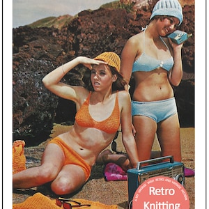 May include: Vintage image of two women wearing crocheted bikinis and hats on a beach. One woman is in an orange bikini and hat, the other in a light blue bikini and hat. A radio and the words "Retro Knitting" are also visible.
