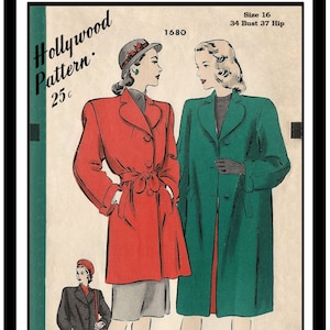 May include: Vintage sewing pattern for a coat, featuring two women wearing red and green coats. The pattern is from Hollywood Pattern, number 1580, size 16, 34 bust, 37 hip. The pattern is 25 cents.