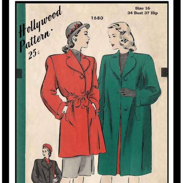 1940's Box Style Lined Coat Sewing Pattern, PDF Sewing Pattern, 40's Wartime Sewing Pattern, PDF Sewing Pattern