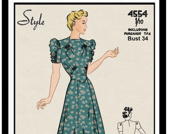 1940s Wartime Tea Dress with High Neck Sewing Pattern -  PDF Instant Download