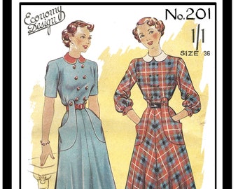 1940's Peter Pan Collar Dress with Pockets  PDF Print at Home Sewing Pattern