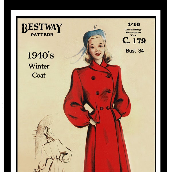 1940's Double Breasted Roll Collar Coat Sewing Pattern, PDF Print at Home Pattern