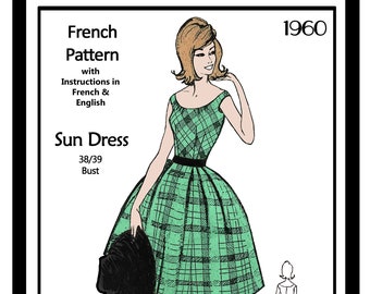 Sukienka letnia w stylu Bardot z lat 60., wzór do szycia po francusku, biust 38-39 cali. Wzór w formacie PDF