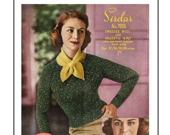 1950 V-Neck Sweater and Marple Scarf PDF Knitting Pattern