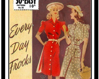 1940's Wartime Every Day Frock PDF Sewing Pattern Bust 34