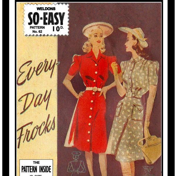 1940's Wartime Every Day Frock PDF Sewing Pattern Bust 34