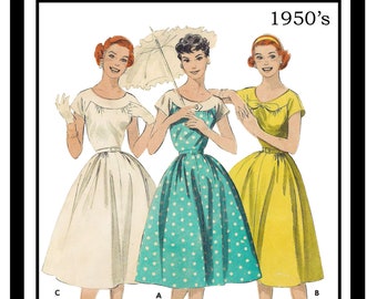 1950s Yoked Summer Dress PDF Print at Home Sewing Pattern Bust 34