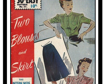 1940s Wartime Blouses and Skirt PDF Sewing Pattern Bust 32