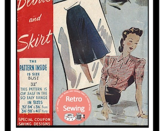 Bluzki i spódnice wojenne z lat 40. XX wieku, gotowe do szycia, wzór do szycia, biust 32