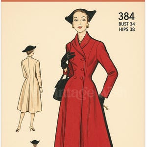 1950er Jahre Princess Rollkragenmantel PDF Schnittmuster Büste 34